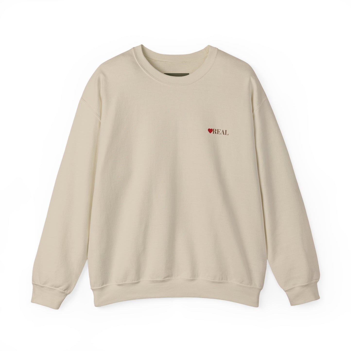 Crewneck Sweatshirt — Minimal "Be Real" Heart Chest Logo