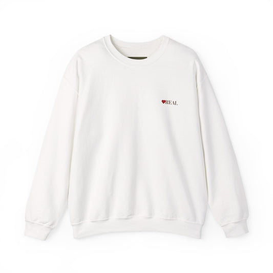 Crewneck Sweatshirt — Minimal "Be Real" Heart Chest Logo